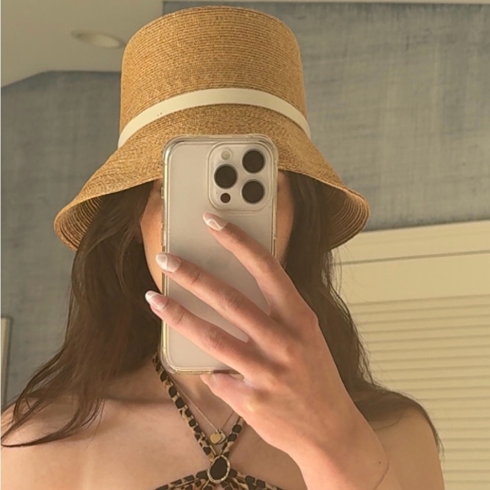 Rare Vintage Burberry Raffia Tan Sun Hat with White Leather Trim Structured Brim